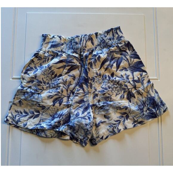 H&M Size XS Blue Off White Floral Linen Blend Elastic Waist Pockets Shorts - Picture 4 of 6